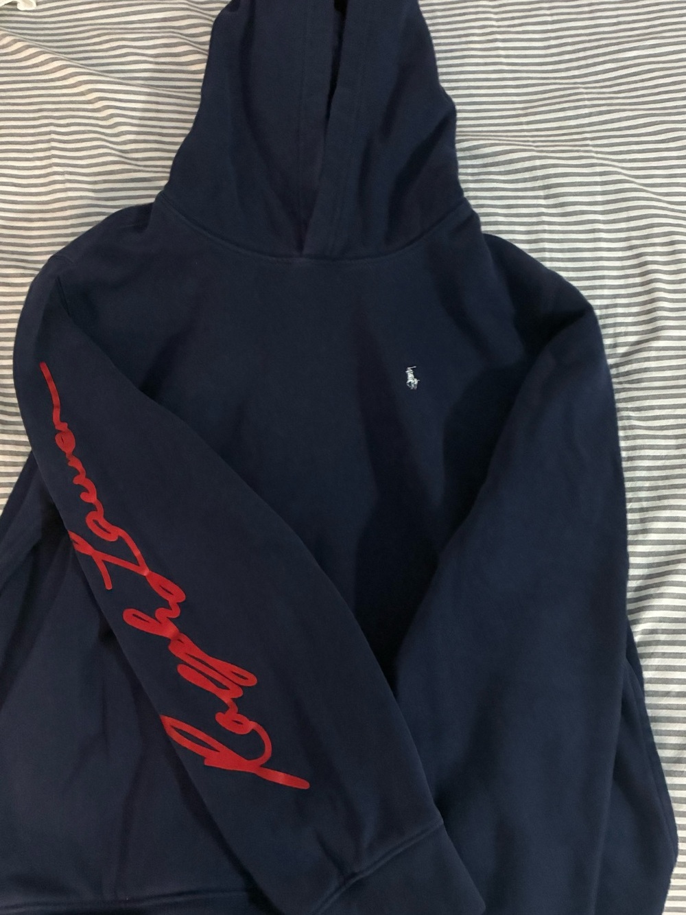 Polo by Ralph Lauren Men’s Navy Hoodie with Red Sleeve Script